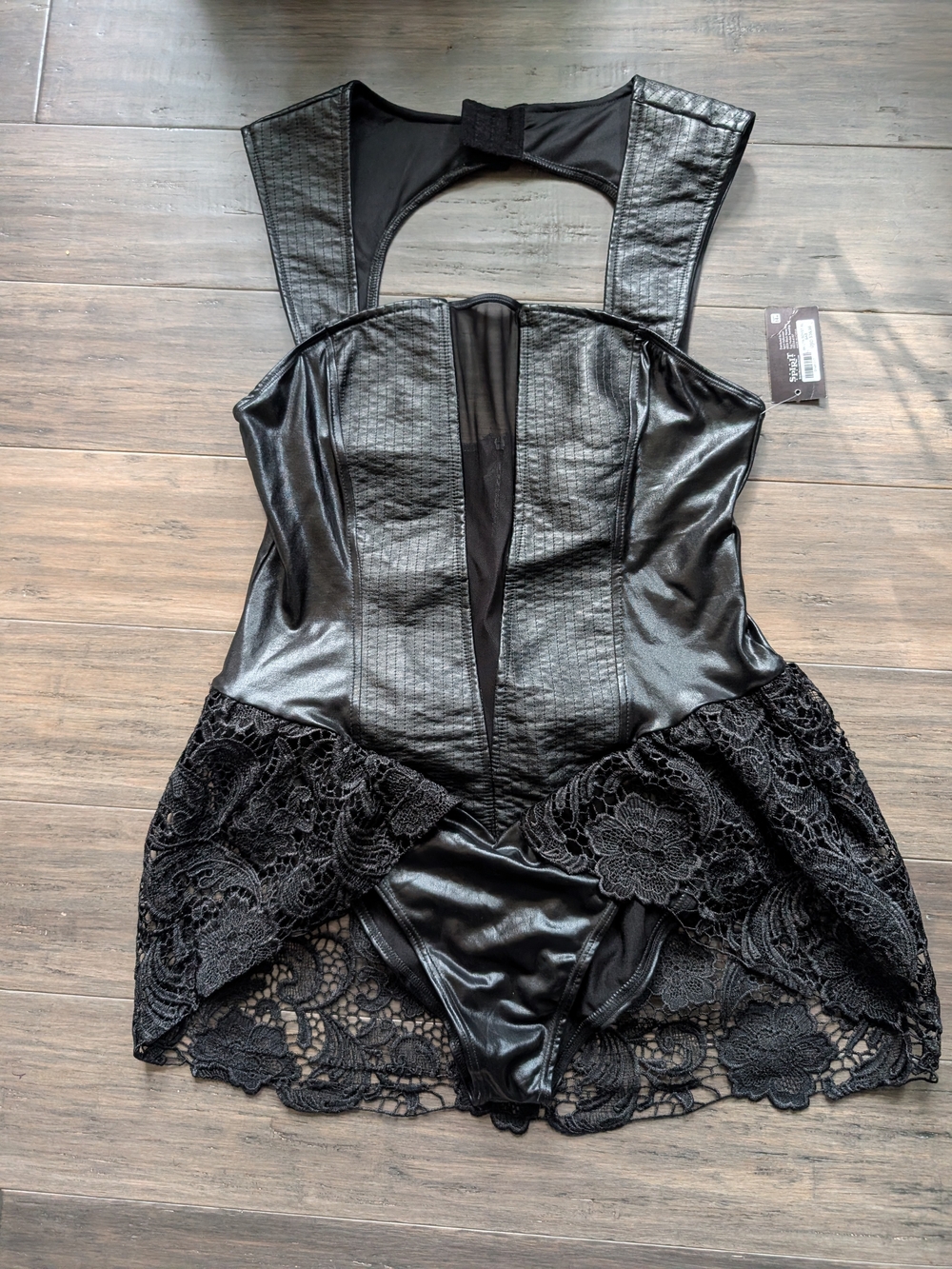 Spirit of Halloween Black Lace & Faux Leather Halter Teddy Bodysuit